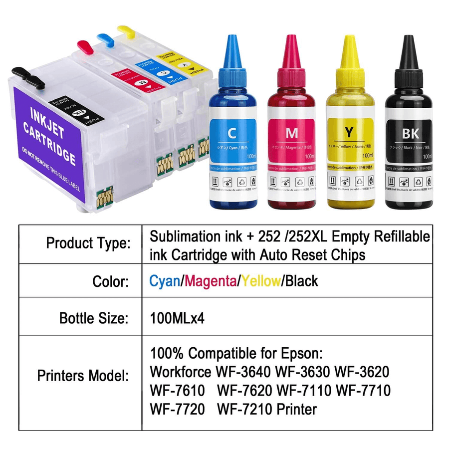 Dye Sublimation Ink 4 Colors 100ml printers Epson Work Force models: discount wf-7210, wf-7710, wf-7720, 4 Bottles