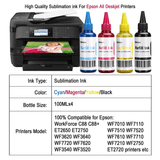 Xcinkjet Sublimation Ink Refilled for Epson C88 C88+ WF7720 ET2720 WF7710 ET2650 ET2750 WF2750 WF3620 Printer(1*Black 1*Cyan 1*Magenta 1*Yellow,4-Pack)